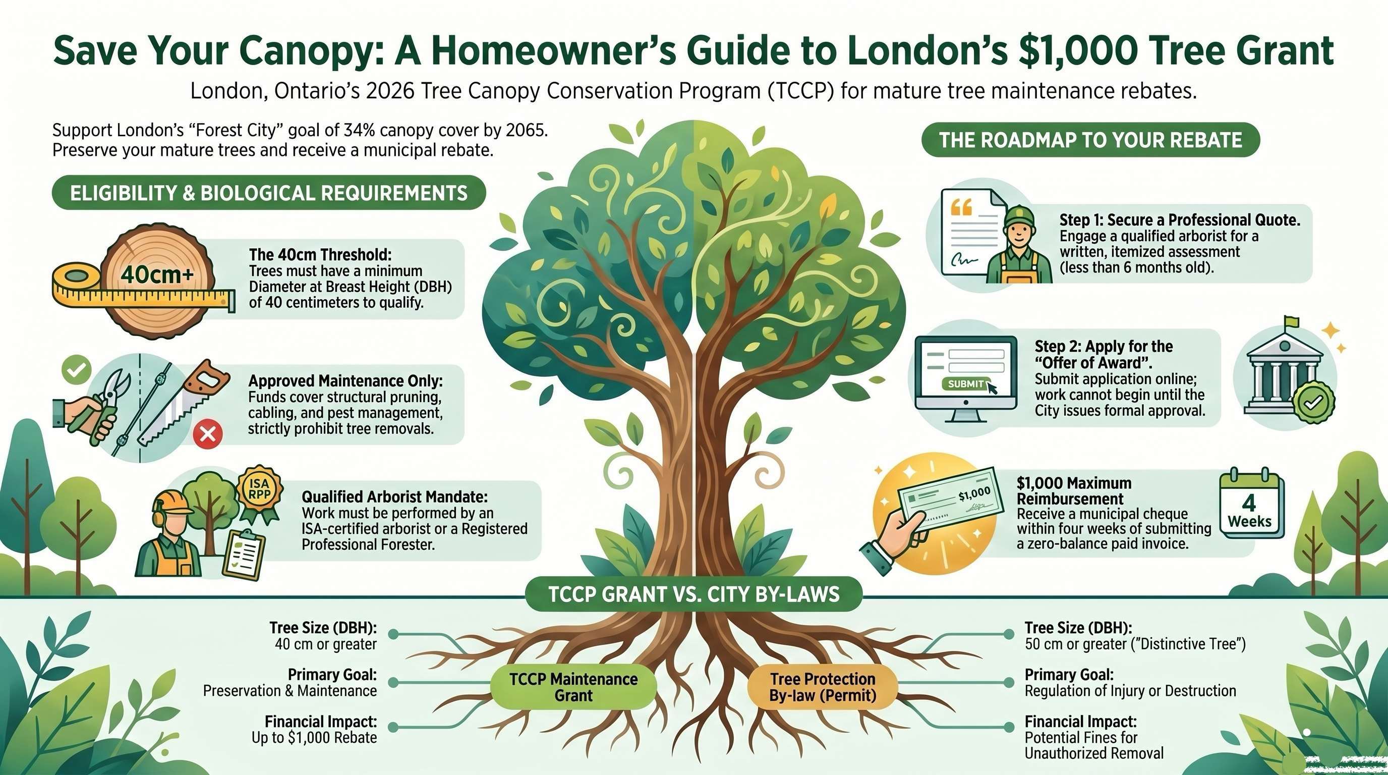 Infographic summarizing London's 2026 Tree Canopy Conservation Program, including 40 centimeter DBH eligibility, approved maintenance, qualified arborist requirements, offer of award process, reimbursement, and tree by-law distinctions.