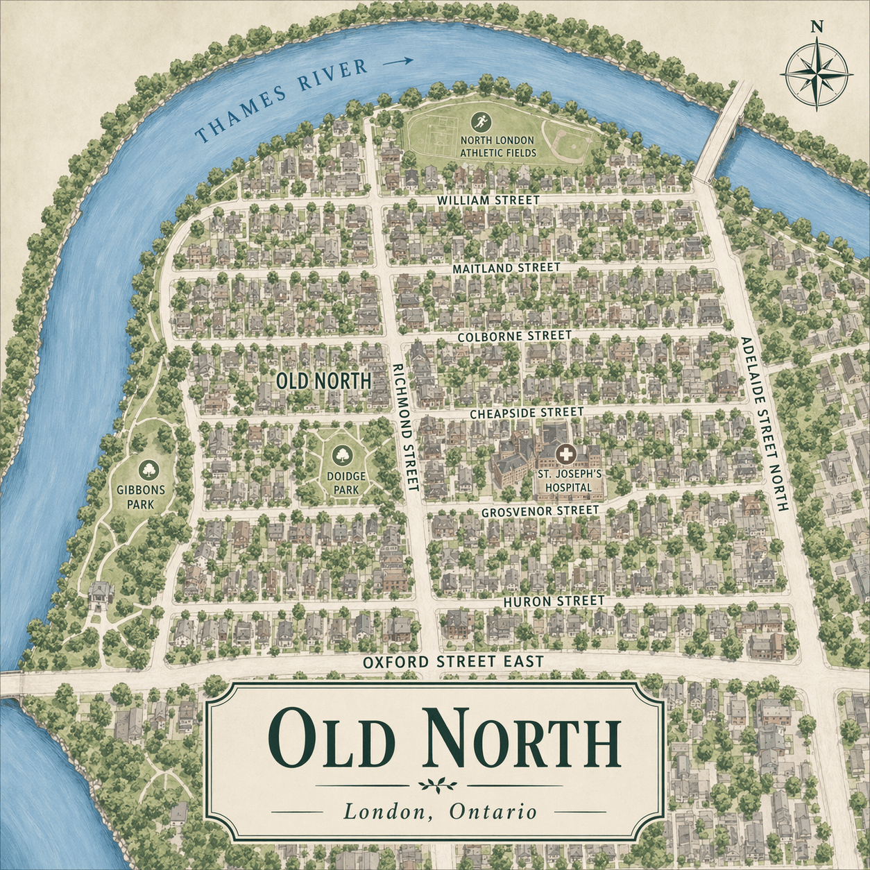 Top-down labeled map of Old North London, Ontario.