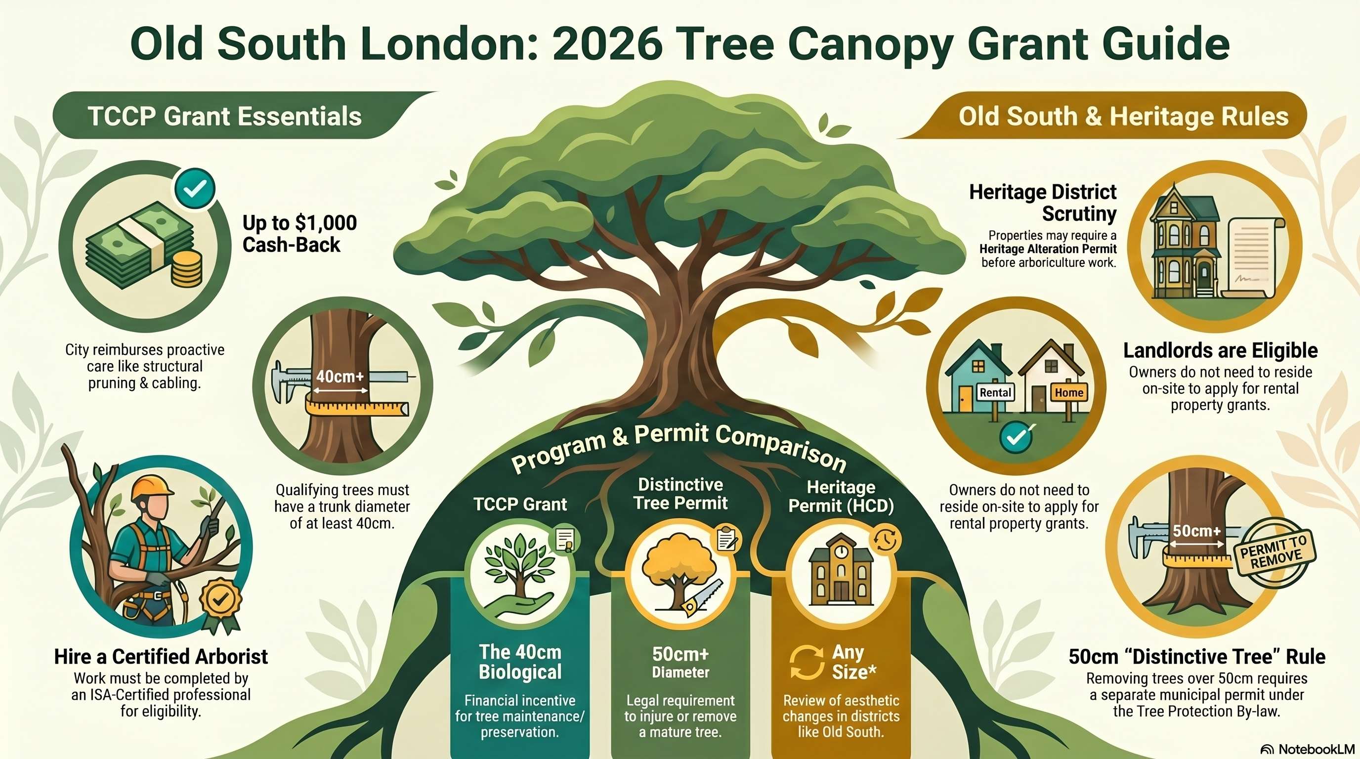 Old South London: 2026 Tree Canopy Grant Guide Infographic detailing the $1,000 cash-back, heritage district scrutiny, and the 50cm distinctive tree rule.