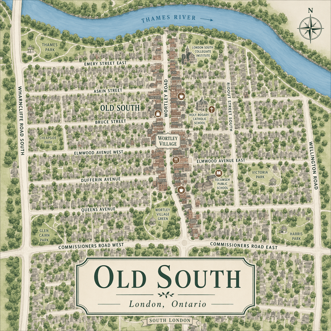 Top-down labeled map of Old South London, Ontario.