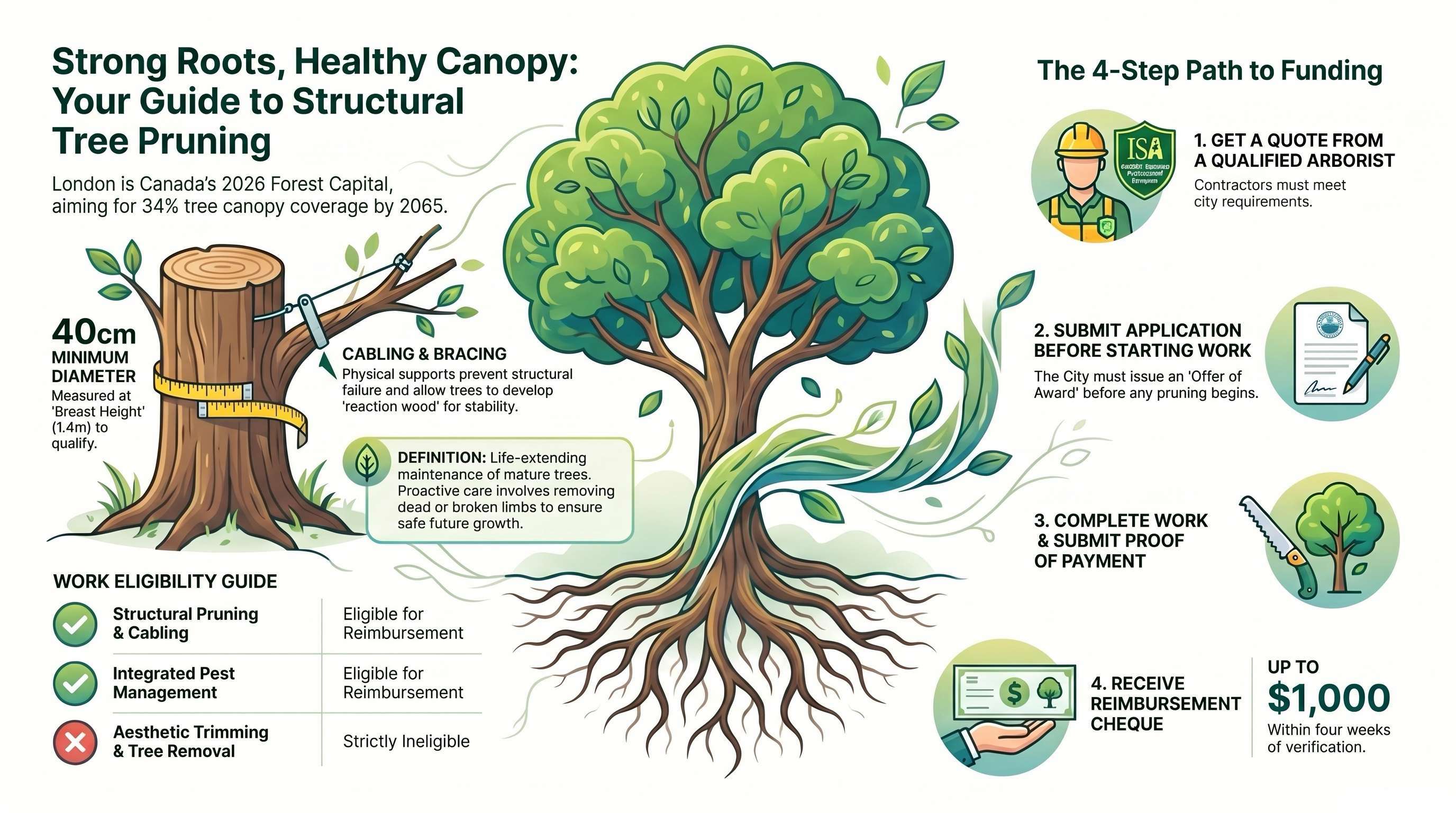 Infographic explaining structural tree pruning eligibility, 40 centimeter DBH measurement, eligible and ineligible work, qualified arborist quote steps, and up to $1,000 reimbursement.