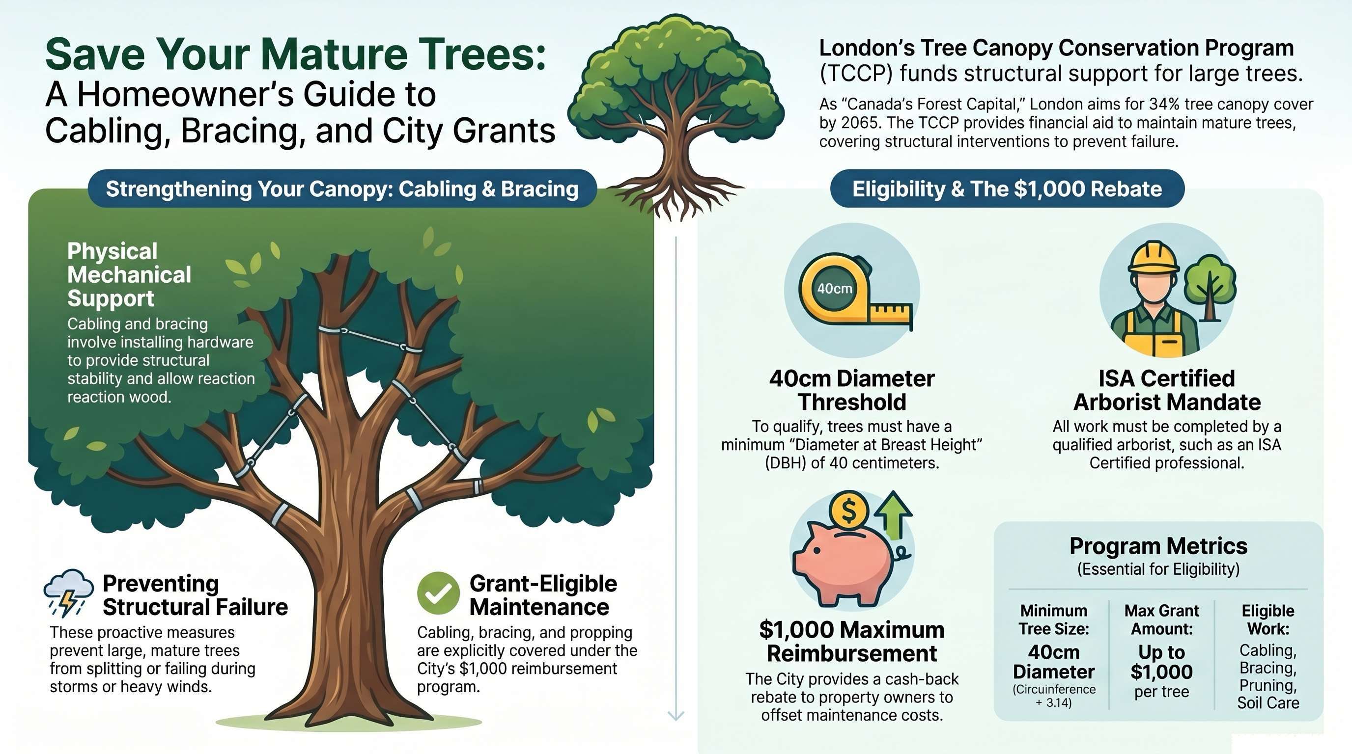 Infographic explaining tree cabling and bracing, London TCCP eligibility, the 40 centimeter DBH threshold, ISA arborist requirement, and up to $1,000 reimbursement.