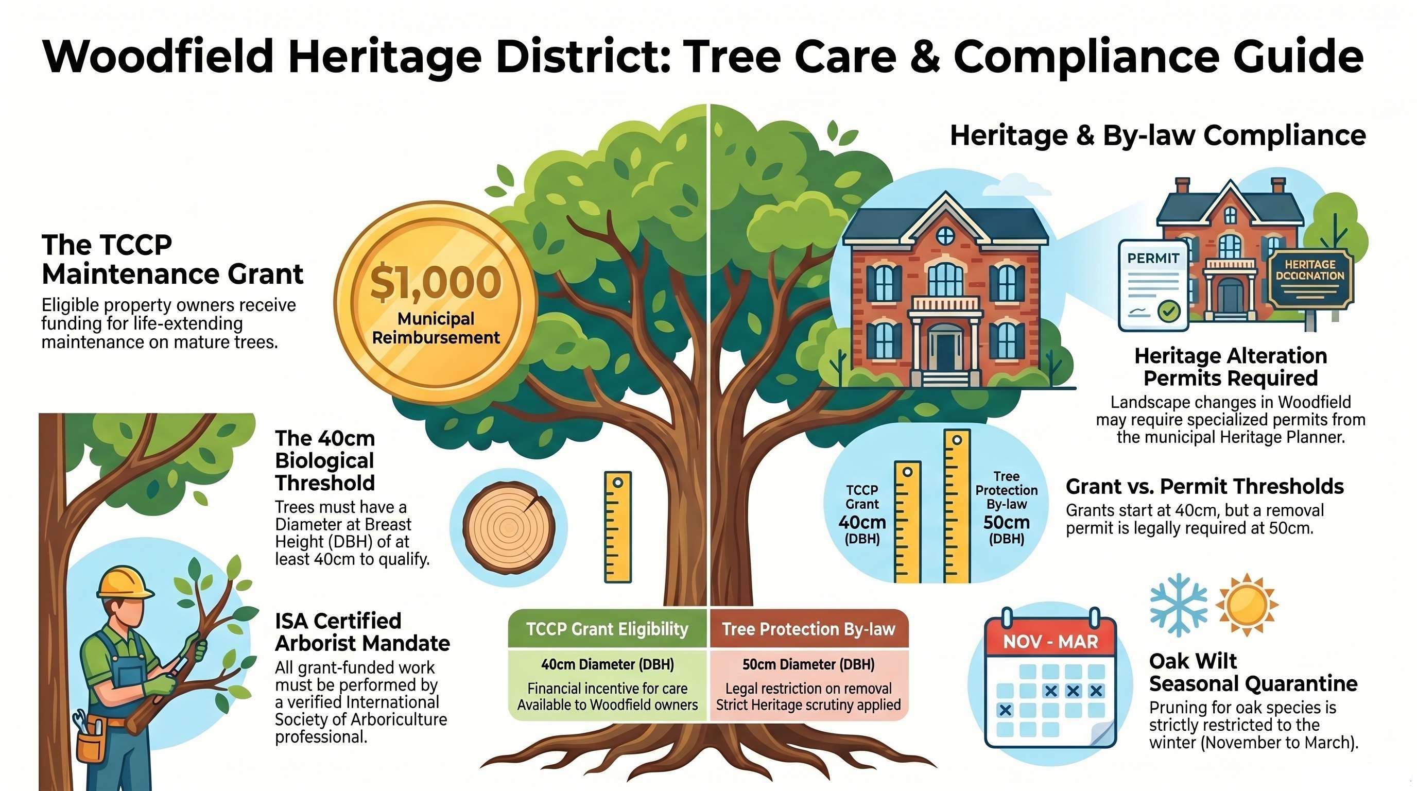 Woodfield Heritage District: Tree Care & Compliance Guide Infographic detailing heritage alteration permits, the 40cm biological threshold, and Oak Wilt seasonal quarantine.