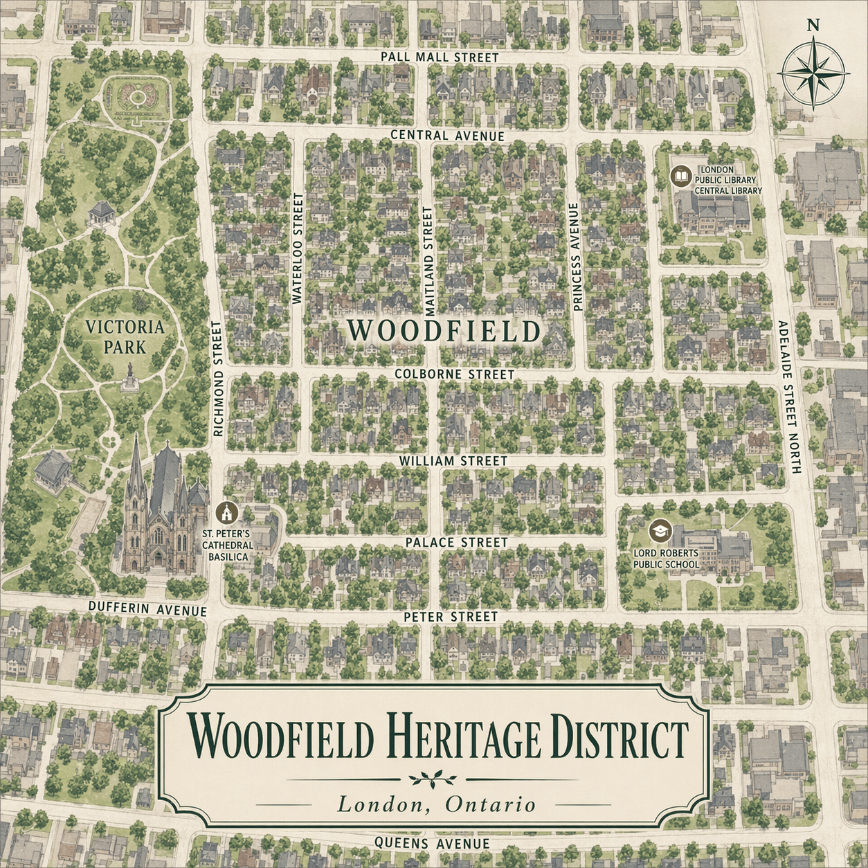 Top-down labeled map of Woodfield Heritage District London, Ontario.