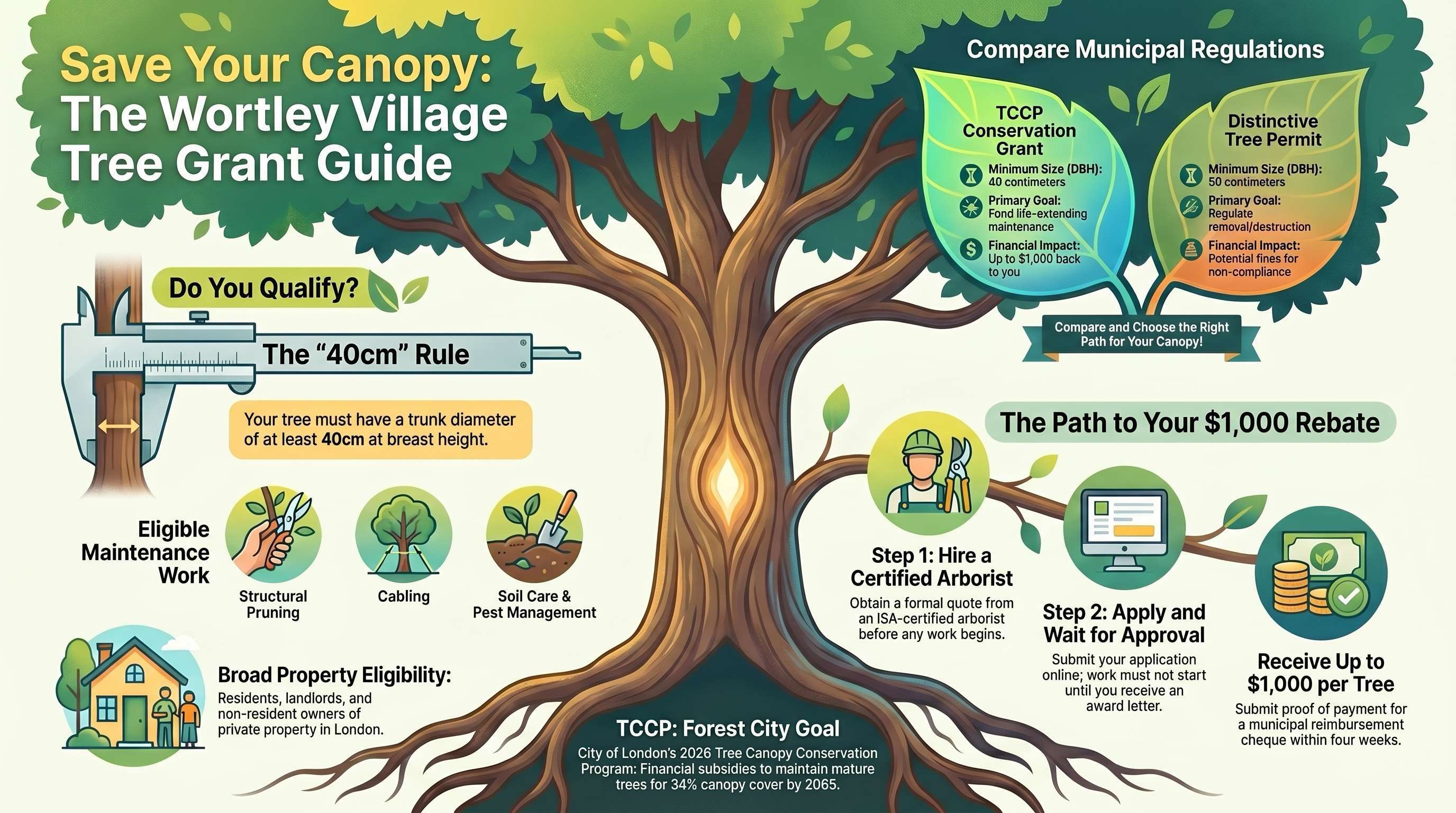 Wortley Village Tree Grant Guide Infographic detailing the 40cm rule, eligible maintenance like structural pruning and cabling, and the step-by-step path to a $1,000 rebate.