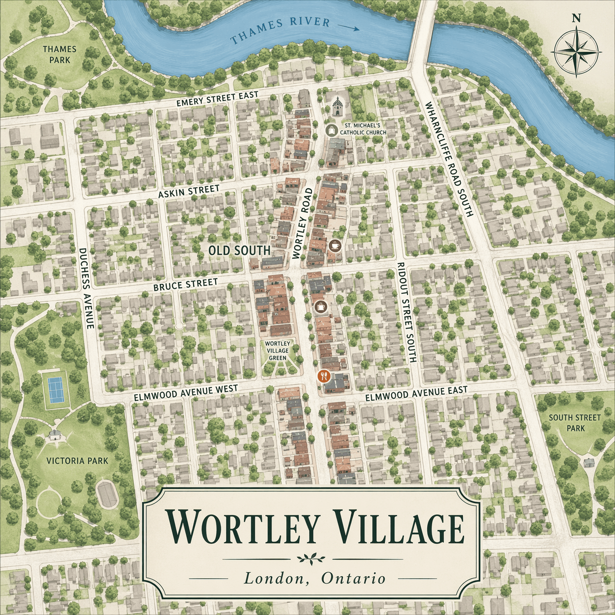 Top-down labeled map of Wortley Village London, Ontario.